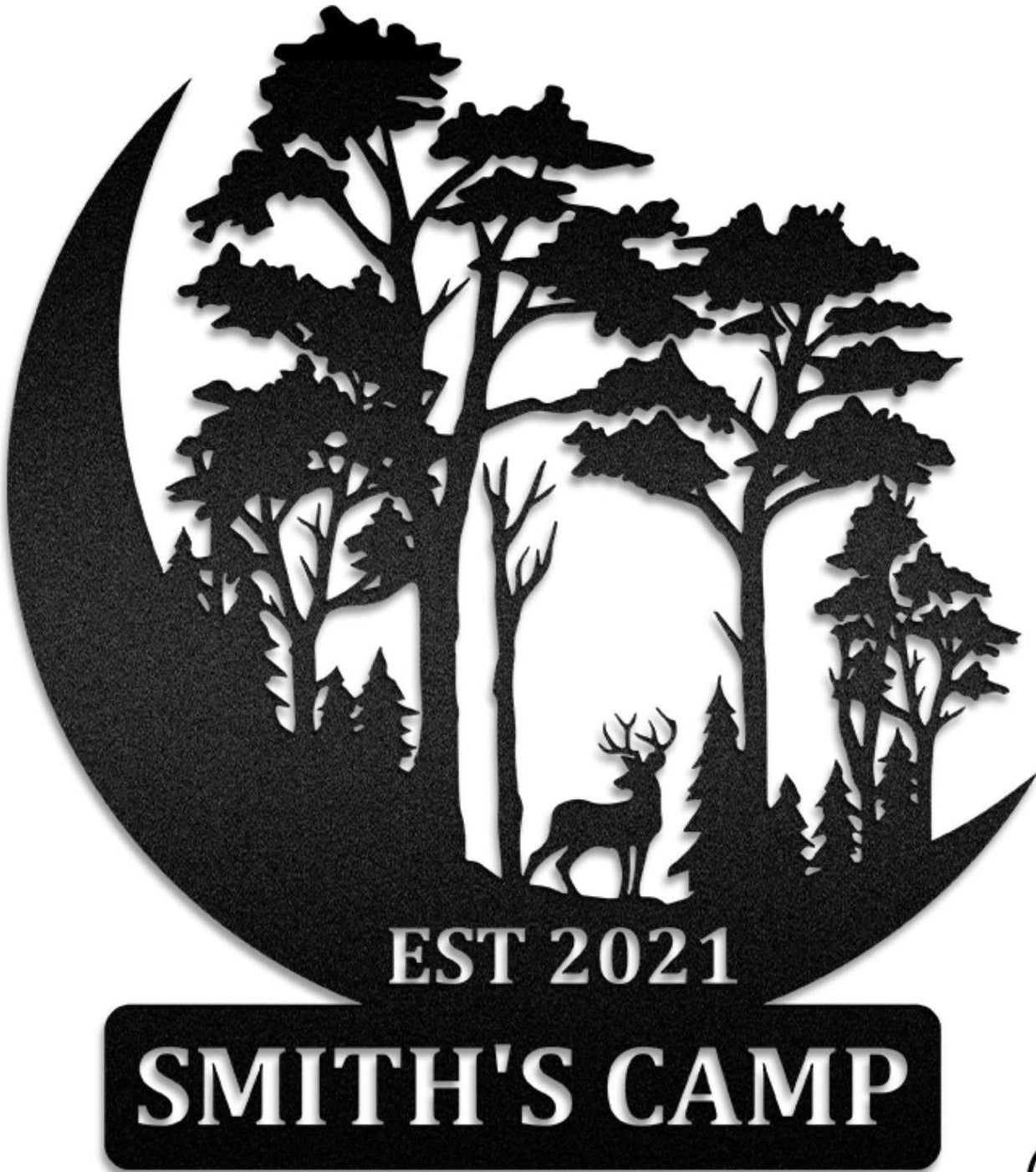 Cresent moon, forest, & deer customizable metal sign