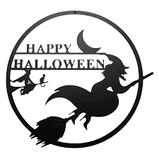 Witch on broomstick 'Happy Halloween' sign