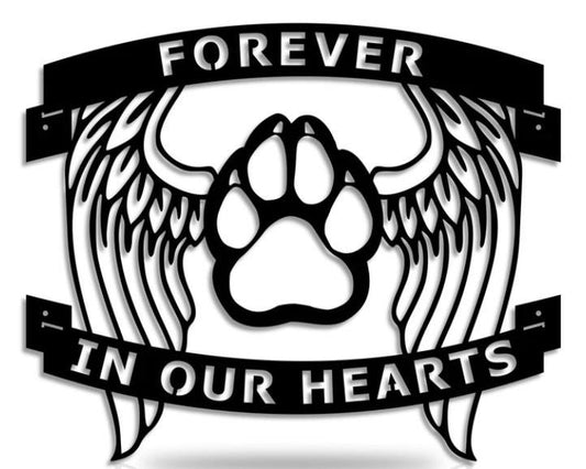 Paw with wings ' forever in our hearts' sign