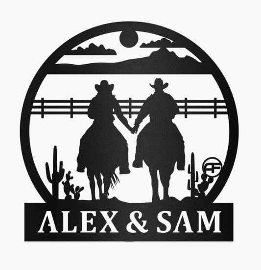 Cowboy & cowgirl riding customizable sign