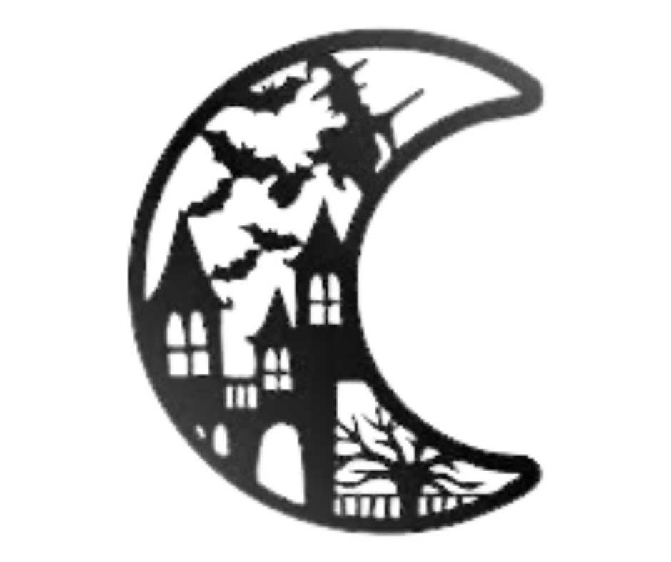 Cresent moon w/ scary house & bats
